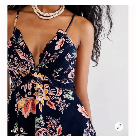 NWT Free People Mini Dress Corduroy Ruffle Navy Floral Sundress Women’s Size XS - Picture 4 of 14